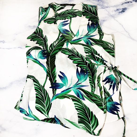 Zara Tops - Zara Basic White & Green Palm Print Wrap Tank Top